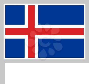 Iceland flag on flagpole, rectangular shape icon on white background, vector illustration.