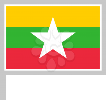 Myanmar flag on flagpole, rectangular shape icon on white background, vector illustration.