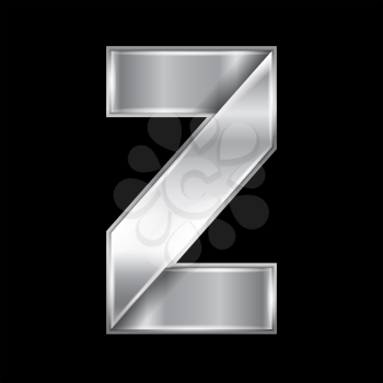 New font folded from a silver metallic ribbon. Trendy roman alphabet, gray vector letter Z on a black background, 10eps