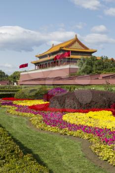 Forbidden City Temple with colorful flowers with sky in background