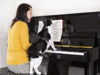 Photo of mature woman playing piano with her family pet cat with his paws on the keyboard whiles she is playing