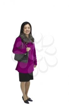 Asian woman wearing jacket over business formal outfit on white background