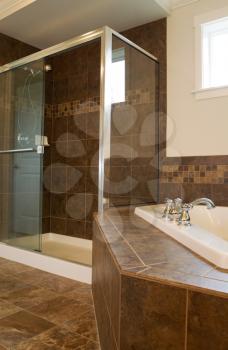 Vertical photo of walk in glass shower in master bathroom with partial soaking tub and window in background 