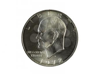 Closeup photo of an Eisenhower Silver Dollar, obverse side, isolated on white  