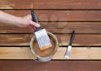 Horizontal photo of male hand dipping paint brush into a can of wood stain with single small brush lying on a single new cedar wooden board next to fading wood on outdoor deck 