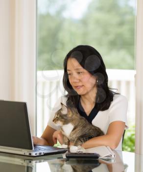 Vertical image of mature woman and her cat both looking at laptop screen while working from home with blurred out daylight coming in from window in background