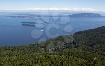 Horizontal photo of San Juan Islands and twin lakes, taken from top of Mount Constitution, during summertime on a nice day