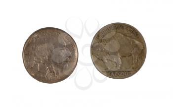 Closeup image of American Buffalo Nickels, obverse and reverse positions, isolated on white 