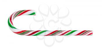 Close up of a single candy cane isolated on white background.