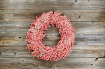 Wreath made with real natural sorghum on rustic wood. 