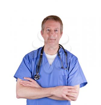 Doctor, looking forward, wearing blue medical scrubs with stethoscope on isolated white background. 