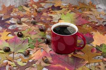 Selective focus on a large red cup of hot dark coffee with vibrant autumn leaves on rustic wood. 