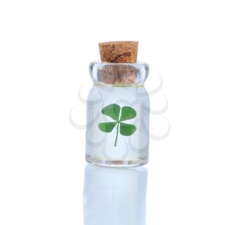 Sealed glass bottle holding single four leaf clover isolated on white with reflection. Luck in bottle concept for St. Patrick Day. 