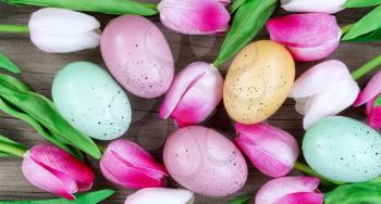 Filled frame of colorful eggs and pink tulips on weathered wooden boards for Easter background  