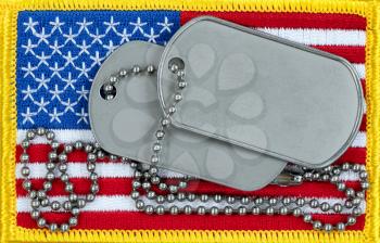 Memorial or Veterans day background with United States flag and ID tags