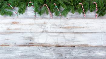 Top border of Christmas evergreen branches and candy canes on white vintage wood