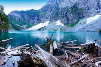 Log pile on glacier lake with mountains and snow during summer season 