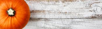 Real pumpkin on white rustic wooden boards for Autumn Halloween holiday concept 