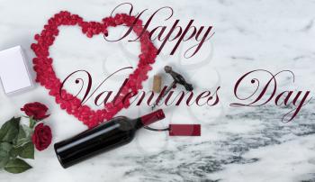 Happy Valentines Day with lots of romantic gifts on marble stone background setting plus text message