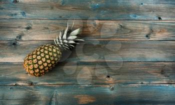 Whole raw organic pineapple fruit on blue faded wooden planks 