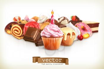 Festive cupcake with candle, confectionery vector illustration
