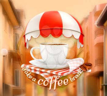 Cup of coffee, an invitation to a cup of coffee, time for a break, breakfast, lunch time, cafe icon on street background, vector illustration, advertising for cafe, cafe decoration, poster card