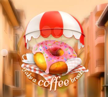 Pink donut and cup of coffee, awning over entrance, promotional outdoor sign, street background, poster in vector, invitation to a break, lunch time, advertising signboard for cafe and coffee shops