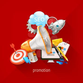 Promotional and marketing technologies, vector illustration on a red background