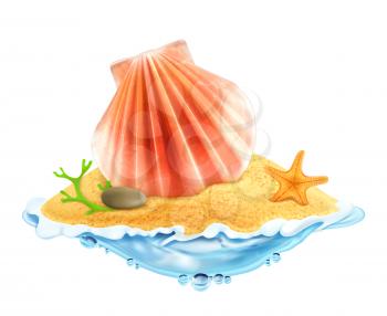 Seashell in the sand, vector illustration