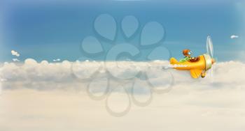 Rush after own dream, funny cartoon aviator in the sky, vector illustration