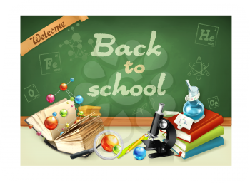 Welcome back to school. Studying and teaching, research and knowledge, vector illustrations on the green chalkboard
