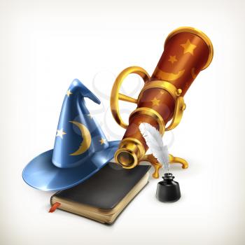 Magician hat and telescope, vector illustration