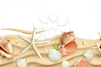 Seashells on sand, vector seamless background