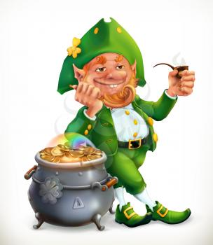 Leprechaun and pot of gold coins. Feast of Saint Patrick 3d vector icon