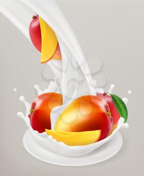 Milk splash and mango. 3d vector object. Natural dairy products