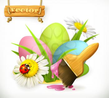 Easter eggs and brush with paint. 3d vector icon