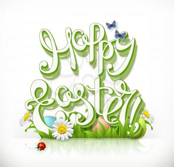 Happy Easter lettering and spring grass. 3d vector icon