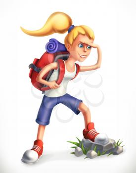 Backpacking tourist. Girl with backpack, 3d vector icon