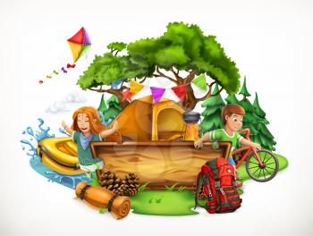 Summer camp. Camping and adventure, 3d vector illustration