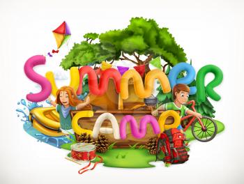 Summer camp. Camping and adventure, Summer holiday 3d vector illustration