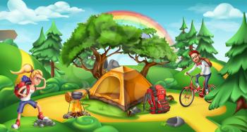 Camping and adventure time. Nature landscape 3d vector panorama
