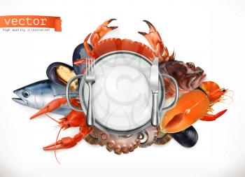 Sea food logo. Fish, crab, crayfish, mussels, octopus 3d vector icon, realism style