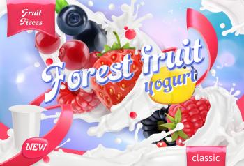 Forest fruit yogurt. Mixed berry and milk splashes. 3d realistic vector package design