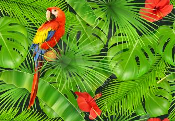 Jungle leaves and parrot, seamless pattern. 3d vector realistic background
