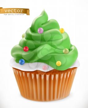 Cupcake. Christmas decorations, 3d realistic vector icon