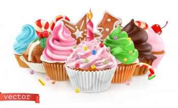 Holiday. Sweet dessert. Cake, cupcake. 3d realistic vector
