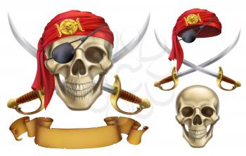 Skull and sabers. Pirate emblem. 3d vector icon set