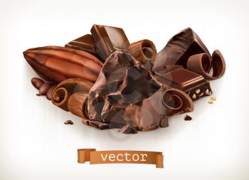 Chocolate bars and pieces, shavings, cocoa fruit, 3d vector illustration