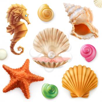 Shell, snail, mollusk, starfish, sea horse. 3d icon set