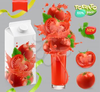 Tomato vegetables. Splash of juice. 3d realistic vector, package design set